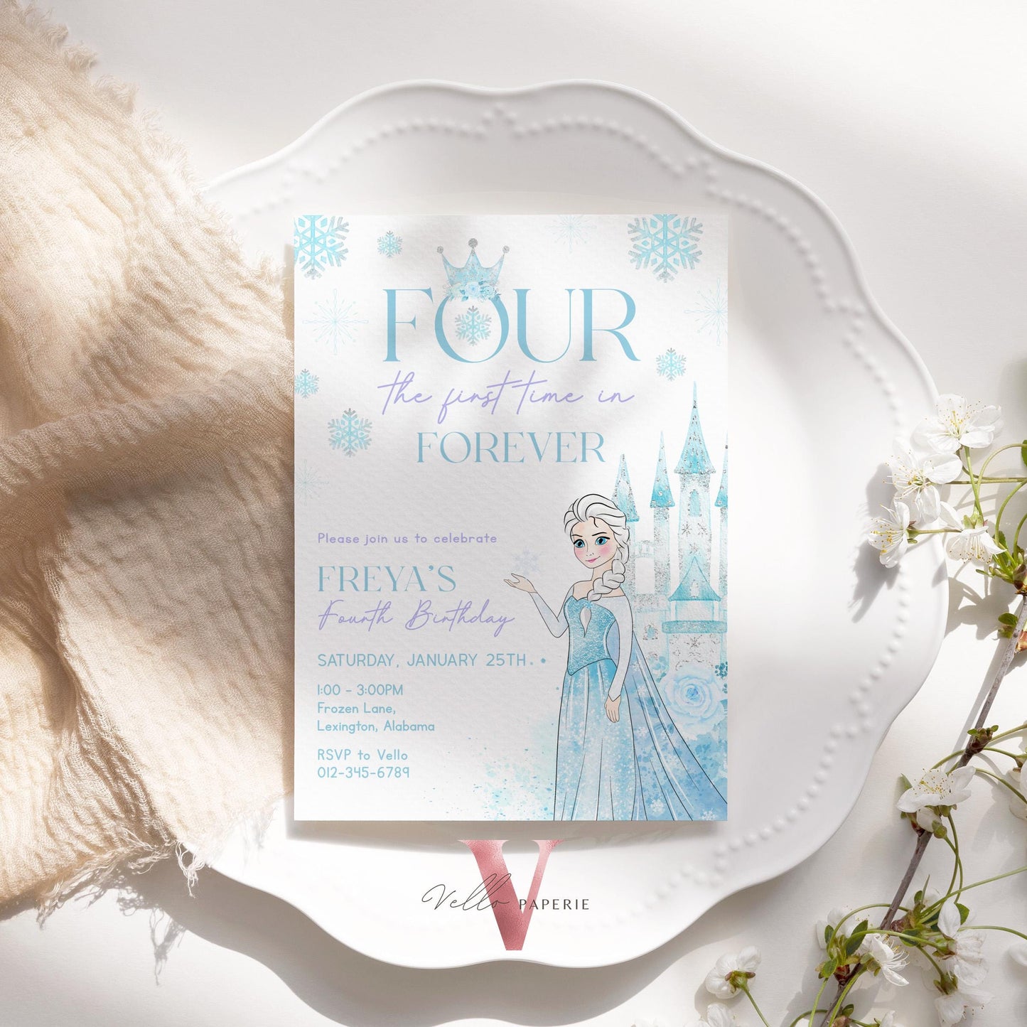 Editable Fourth Birthday Frozen Theme Birthday Party Invitation | 4th Birthday Watercolor Princess Frozen Invite | Winter Snow Princess