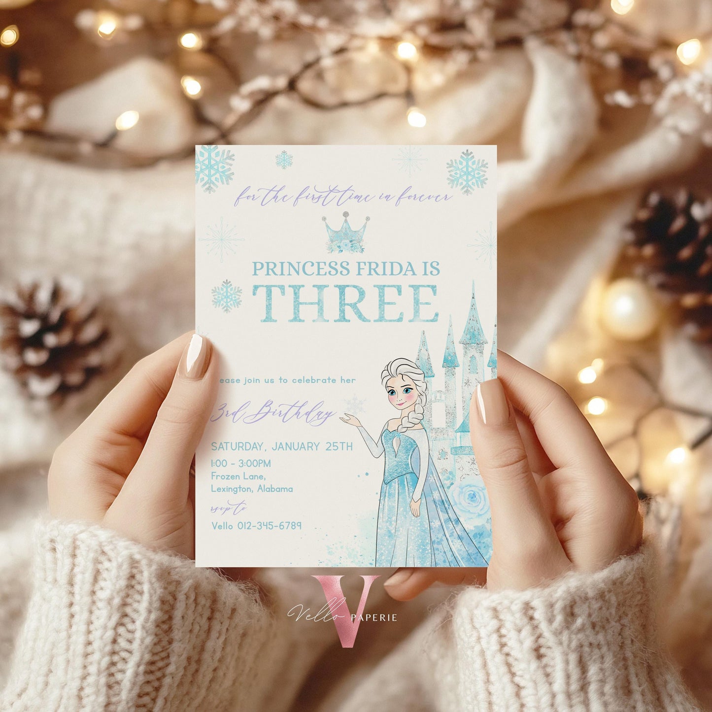 Editable Third Birthday Frozen Theme Birthday Party Invitation | 3rd Birthday Watercolor Princess Frozen Invite | Winter Snow Princess