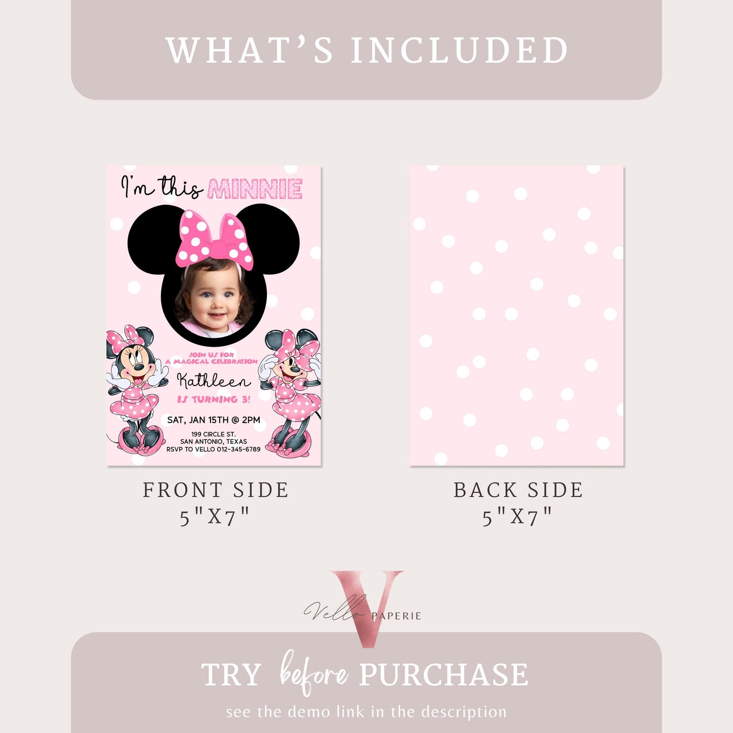 Use Your Photo I'm this Minnie Mouse Birthday Invitation | Cute Light Pink Polka Dot Invite | ANY AGE Birthday Instant Template MMB06