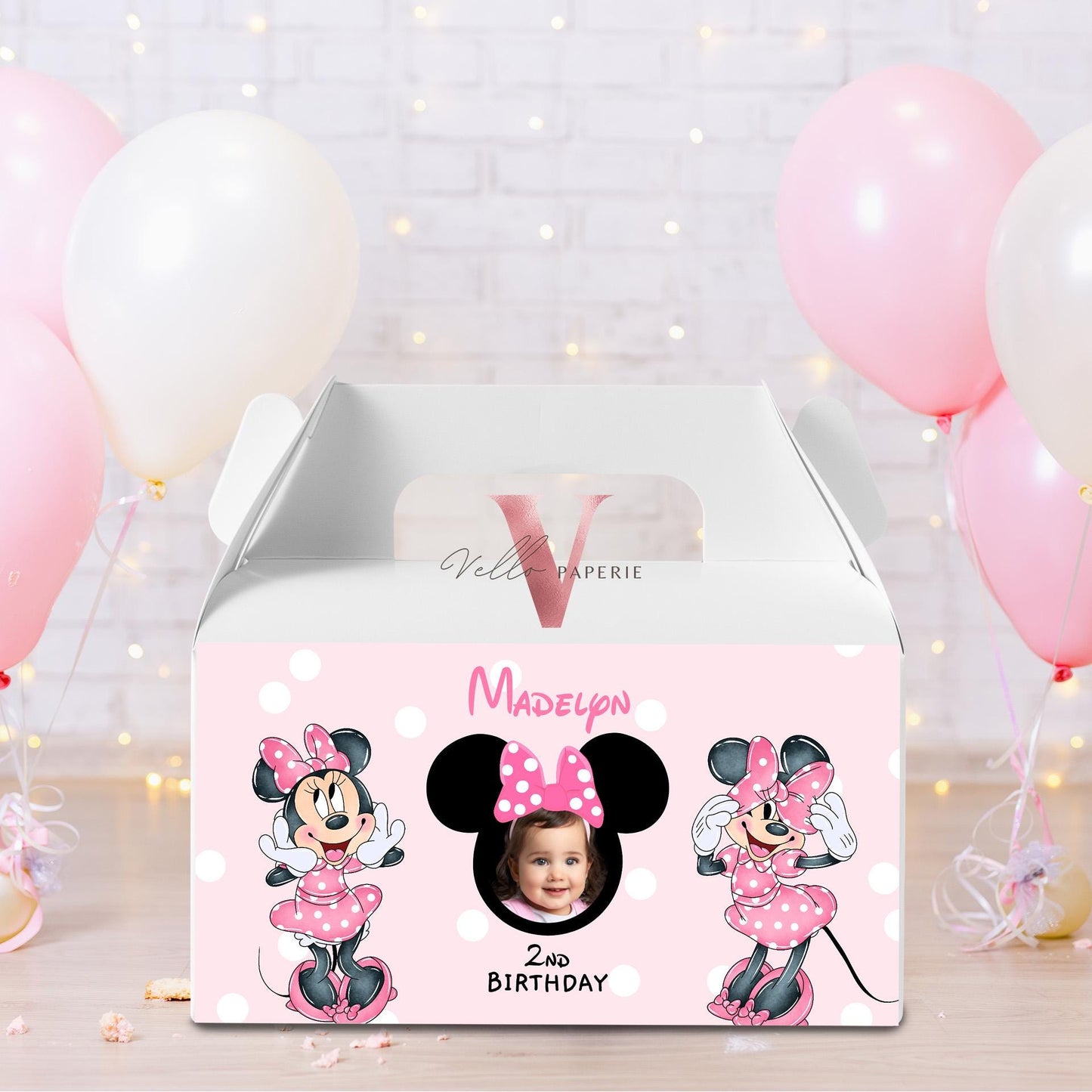 Editable Printable Any Age Minnie Mouse Photo Birthday Gable Box | Glitter Pink Minnie Party Favors MMB06