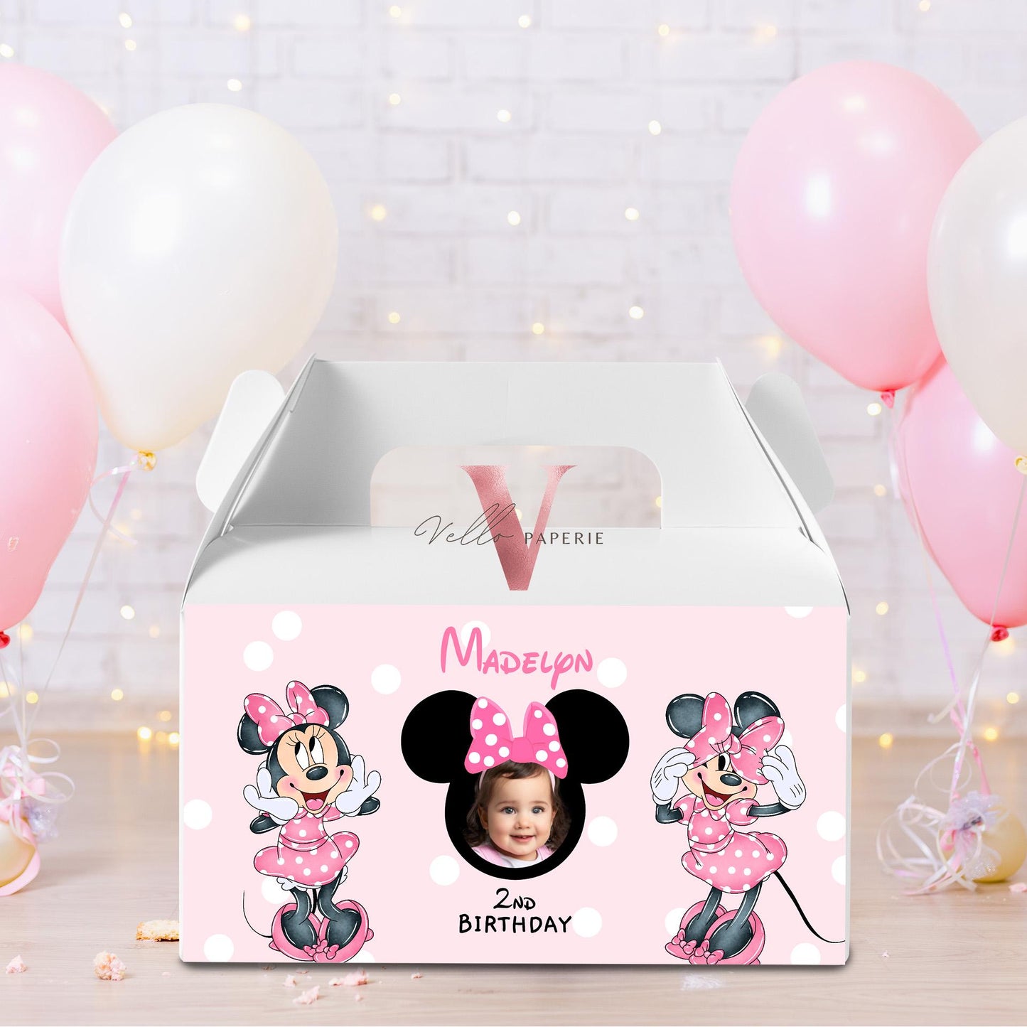 Editable Printable Any Age Minnie Mouse Photo Birthday Party Favors | Glitter Pink Minnie Party Chip Bag, Water Bottle Label, Caprisun MMB06