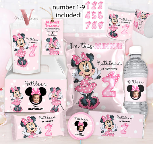 Editable Printable Any Age Minnie Mouse Birthday Party Favors | Glitter Pink Minnie Party Chip Bag, Water Bottle Label, Caprisun MMB05