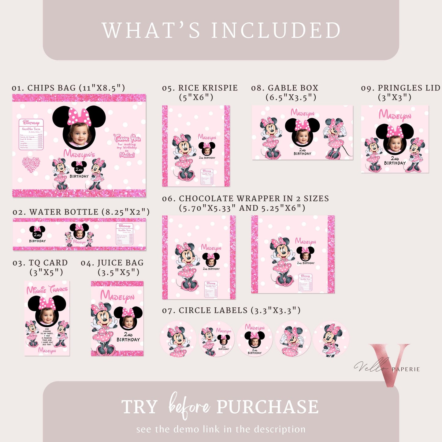 Editable Printable Any Age Minnie Mouse Photo Birthday Party Favors | Glitter Pink Minnie Party Chip Bag, Water Bottle Label, Caprisun MMB06