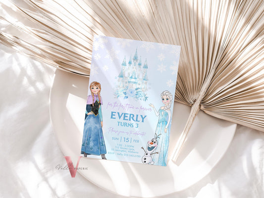 Editable ANY AGE Birthday Frozen Theme Birthday Party Invitation | Watercolor Elsa Anna Princess Birthday Invite | Winter Snow Princess