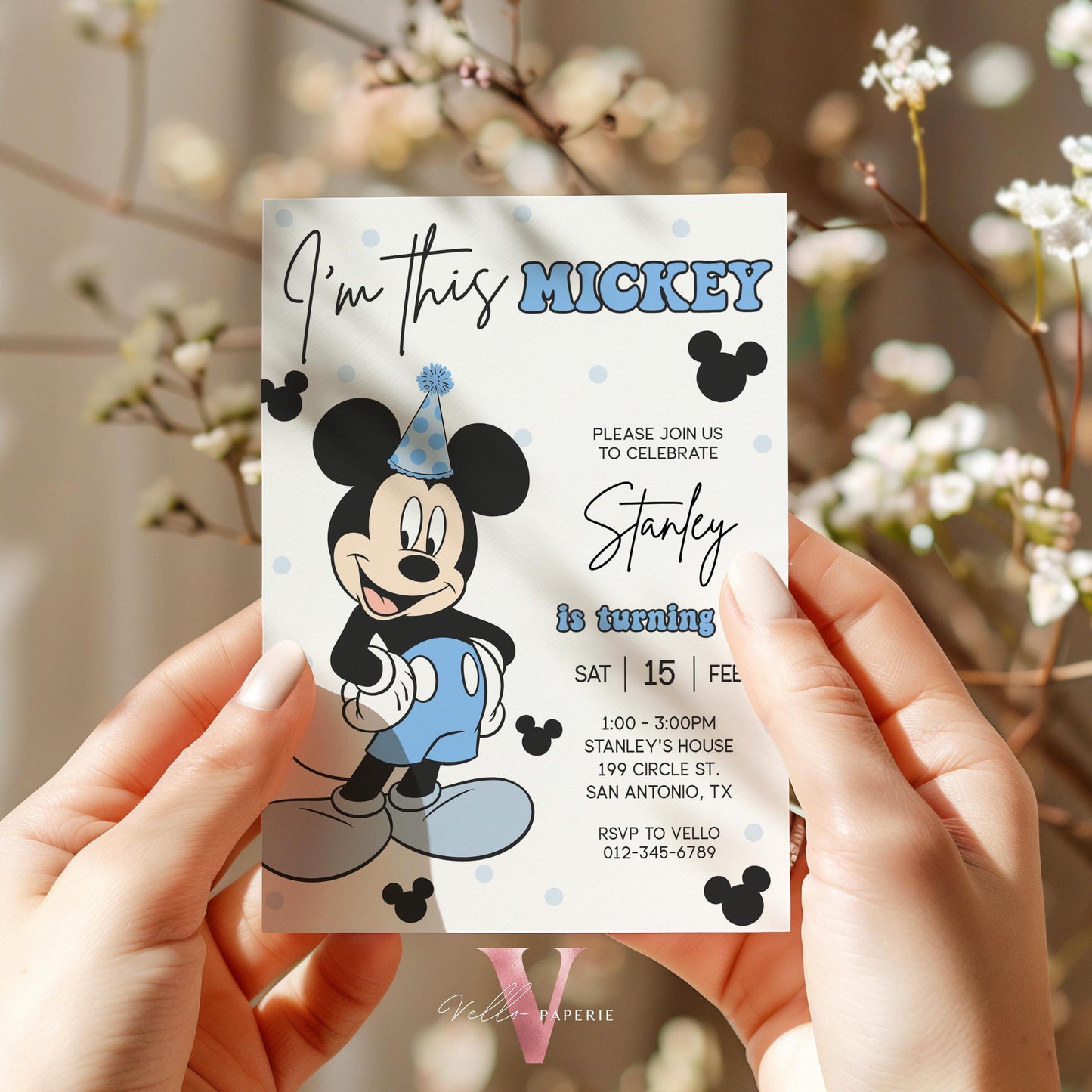 Modern ANY AGE I'm This Mickey Mouse Birthday Invitation | White Black Blue Minimalist Mickey Birthday Party Invite | Mickey Birthday