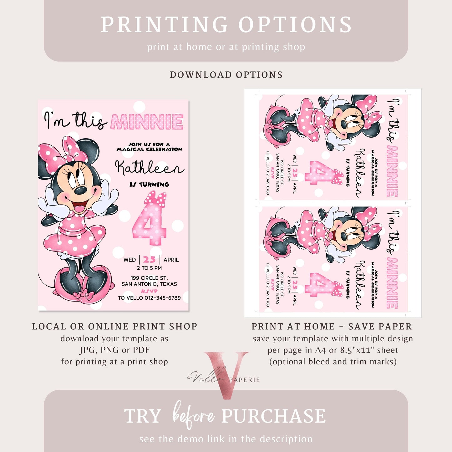 Im this Minnie 4th Mouse Birthday Invitation | Light Pink Polkadot Invite 4 years old Girl | Minnie Fourth Birthday Instant Download MMB05