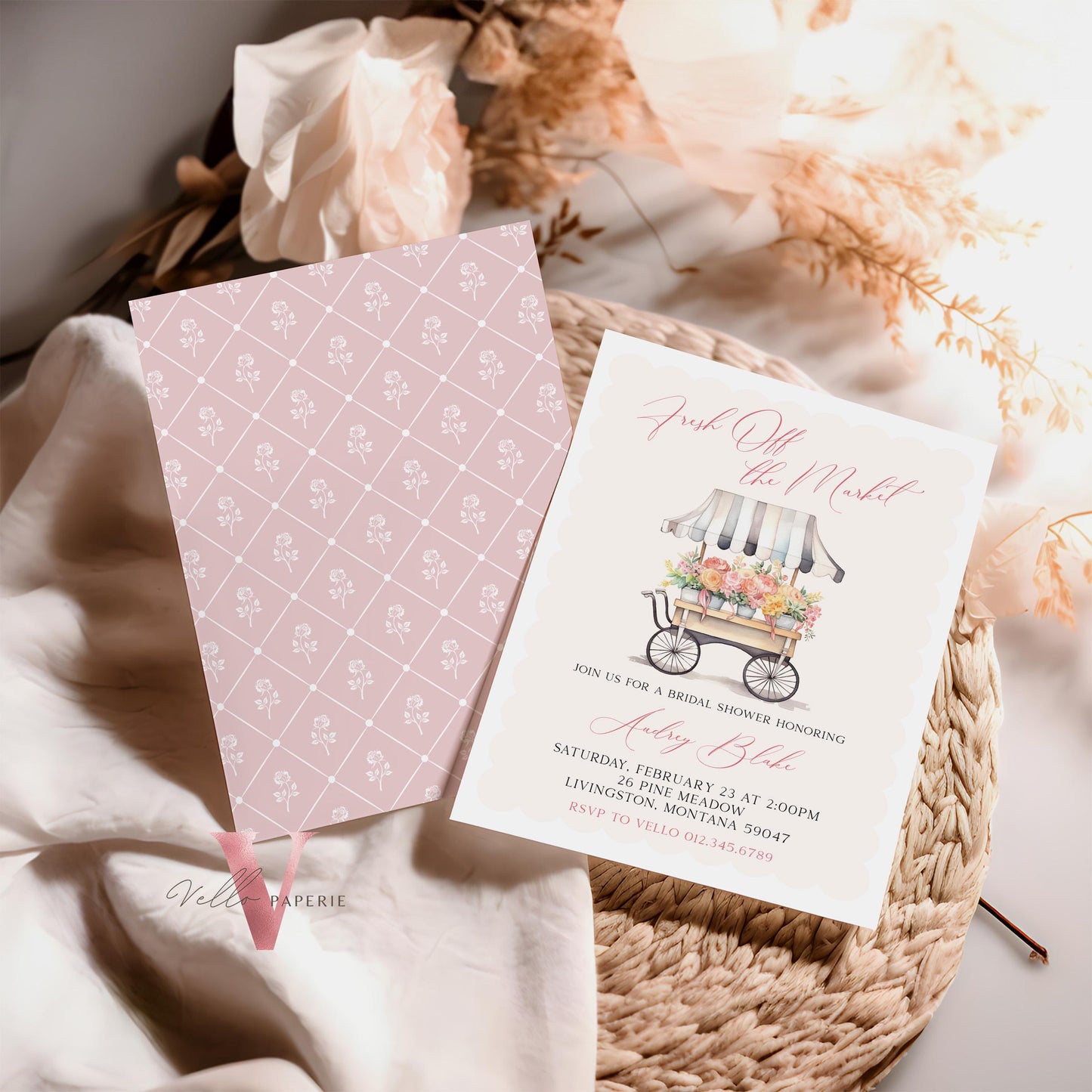 Dusty Blue Off the Market Bridal Shower Party Invitation | She's off the Market Invite | Flower Stall, Blue Florist Cart Watercolor Instant