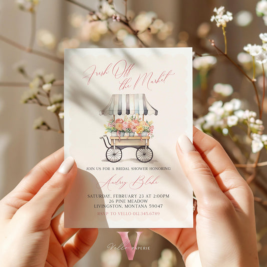 Dusty Blue Off the Market Bridal Shower Party Invitation | She's off the Market Invite | Flower Stall, Blue Florist Cart Watercolor Instant