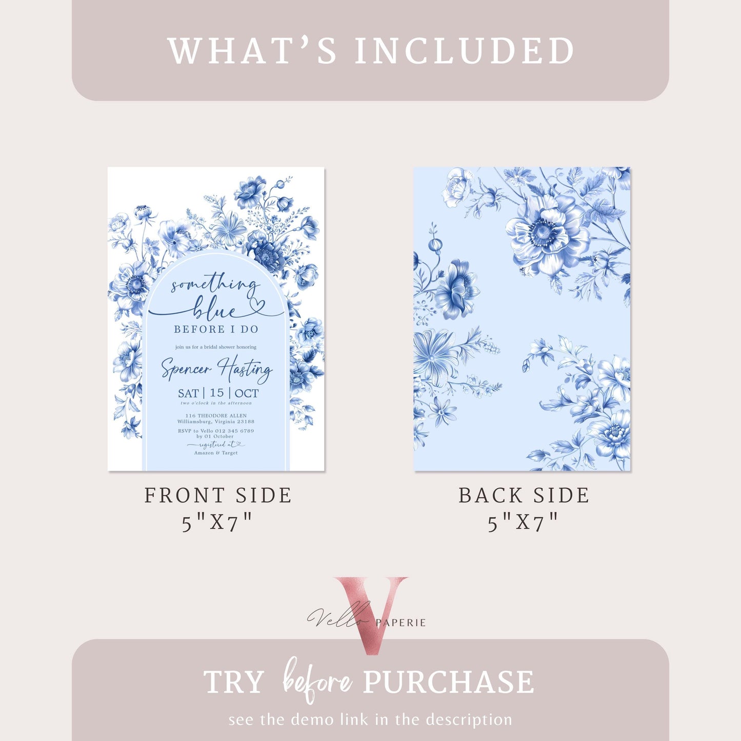Something Blue before I DO Bridal Shower Party Invitation | Blue Toile de Juoy Flower Invite | Arch Vintage Blue Botanical BridetoBe Instant