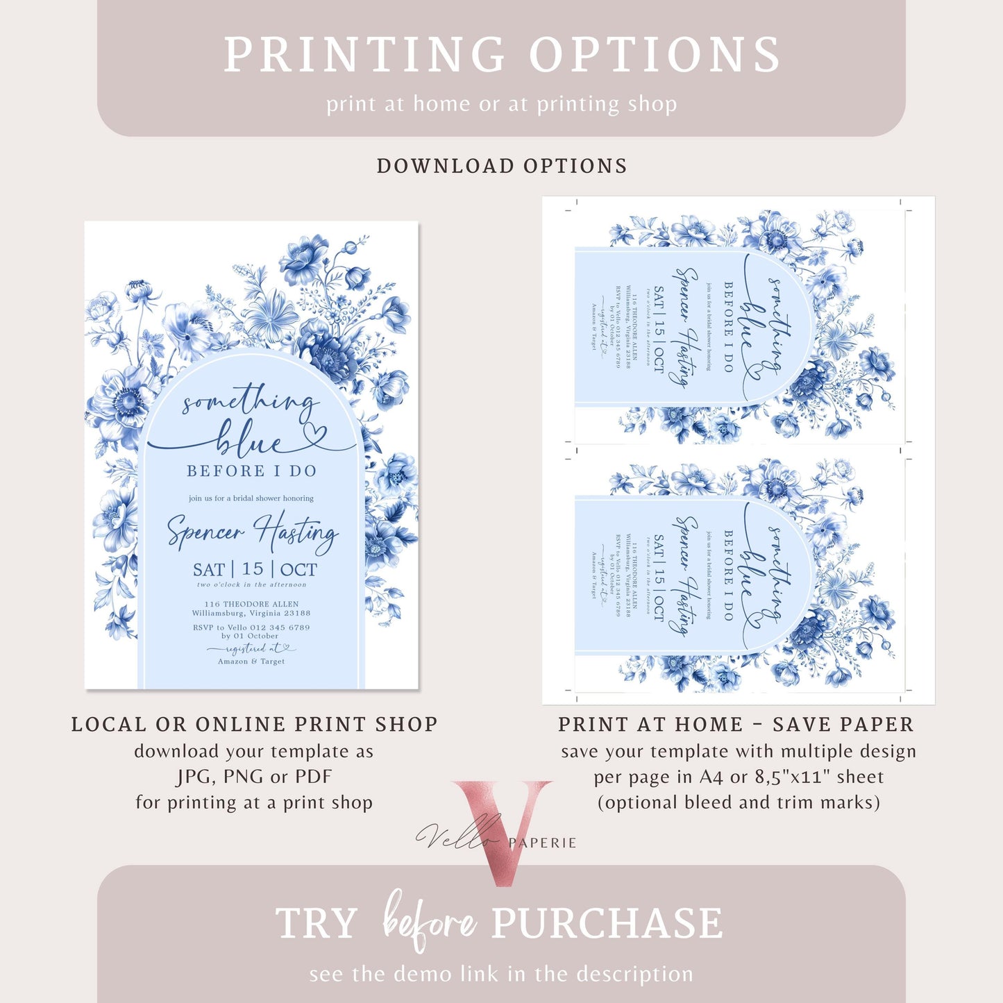 Something Blue before I DO Bridal Shower Party Invitation | Blue Toile de Juoy Flower Invite | Arch Vintage Blue Botanical BridetoBe Instant