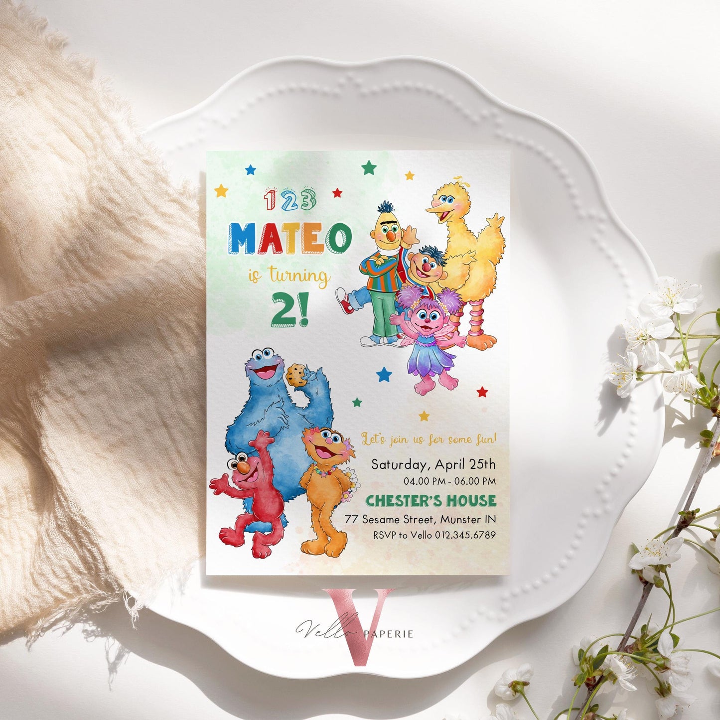 Editable Printable Sesame Street Birthday Invitation | Watercolor Boy Girl Fun Colorful Birthday Party Invite | Any Age Elmo Invite
