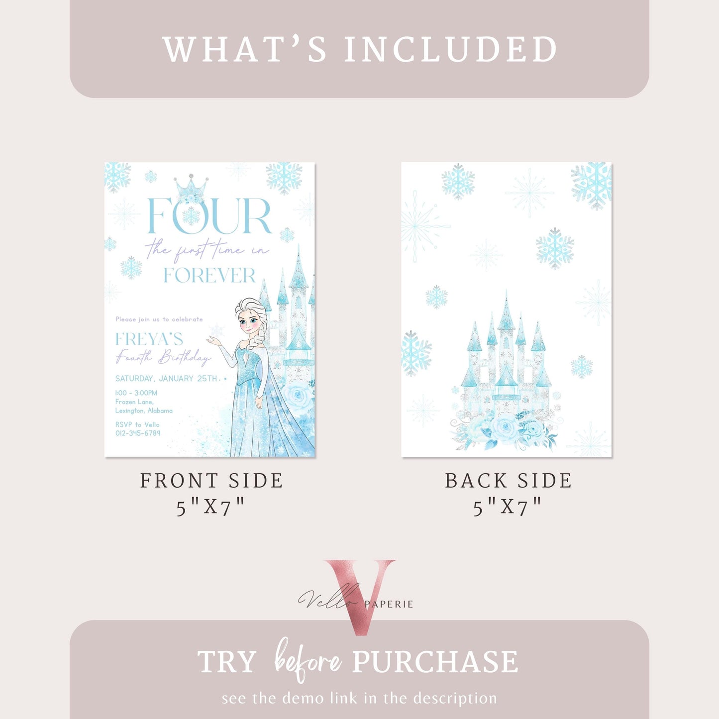 Editable Fourth Birthday Frozen Theme Birthday Party Invitation | 4th Birthday Watercolor Princess Frozen Invite | Winter Snow Princess