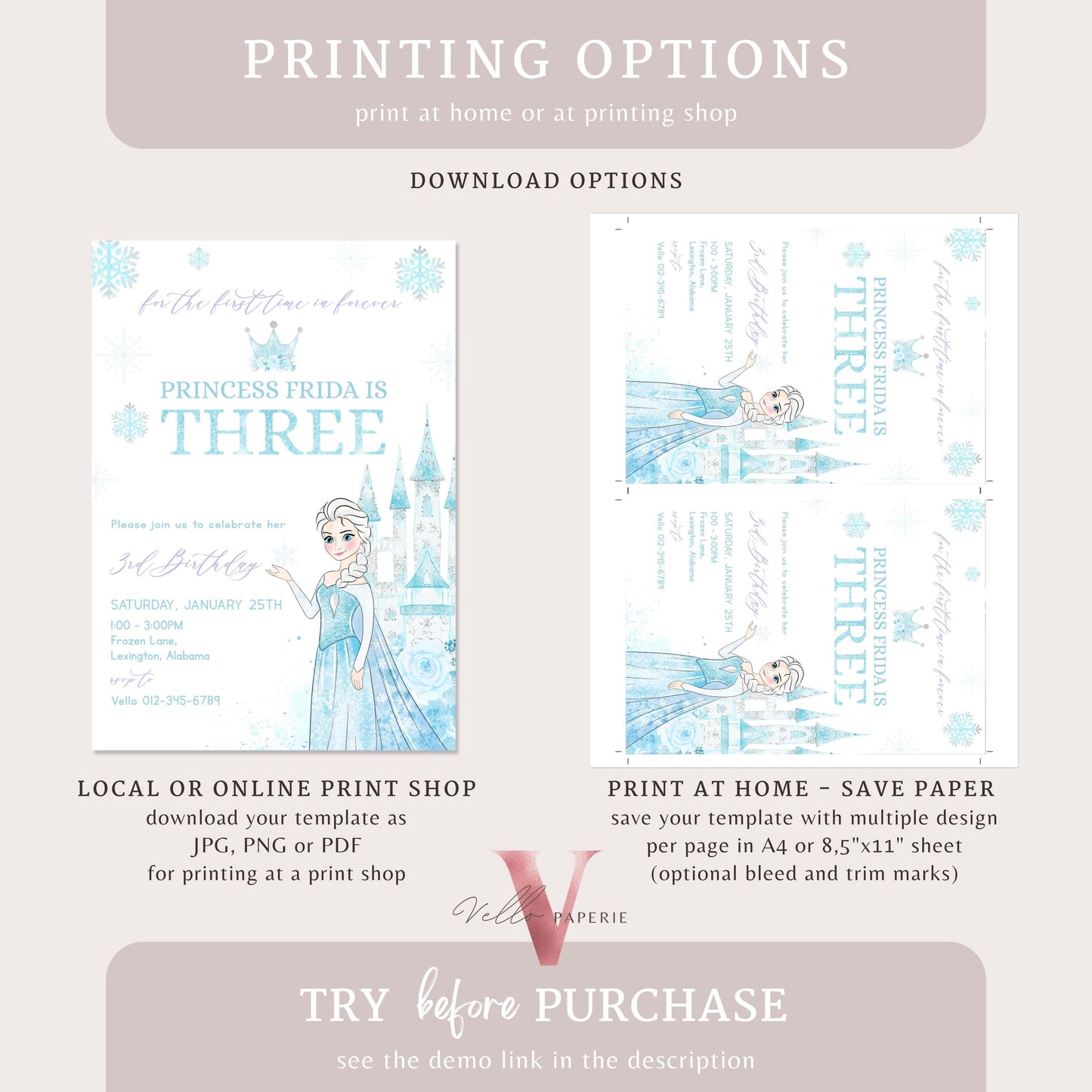 Editable Third Birthday Frozen Theme Birthday Party Invitation | 3rd Birthday Watercolor Princess Frozen Invite | Winter Snow Princess