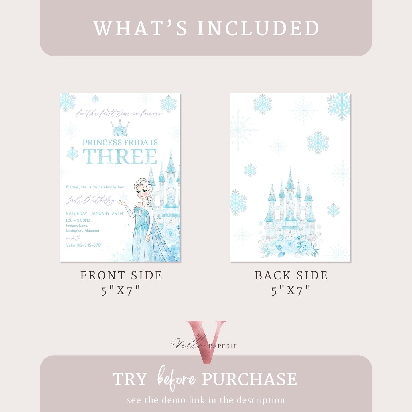 Editable Third Birthday Frozen Theme Birthday Party Invitation | 3rd Birthday Watercolor Princess Frozen Invite | Winter Snow Princess