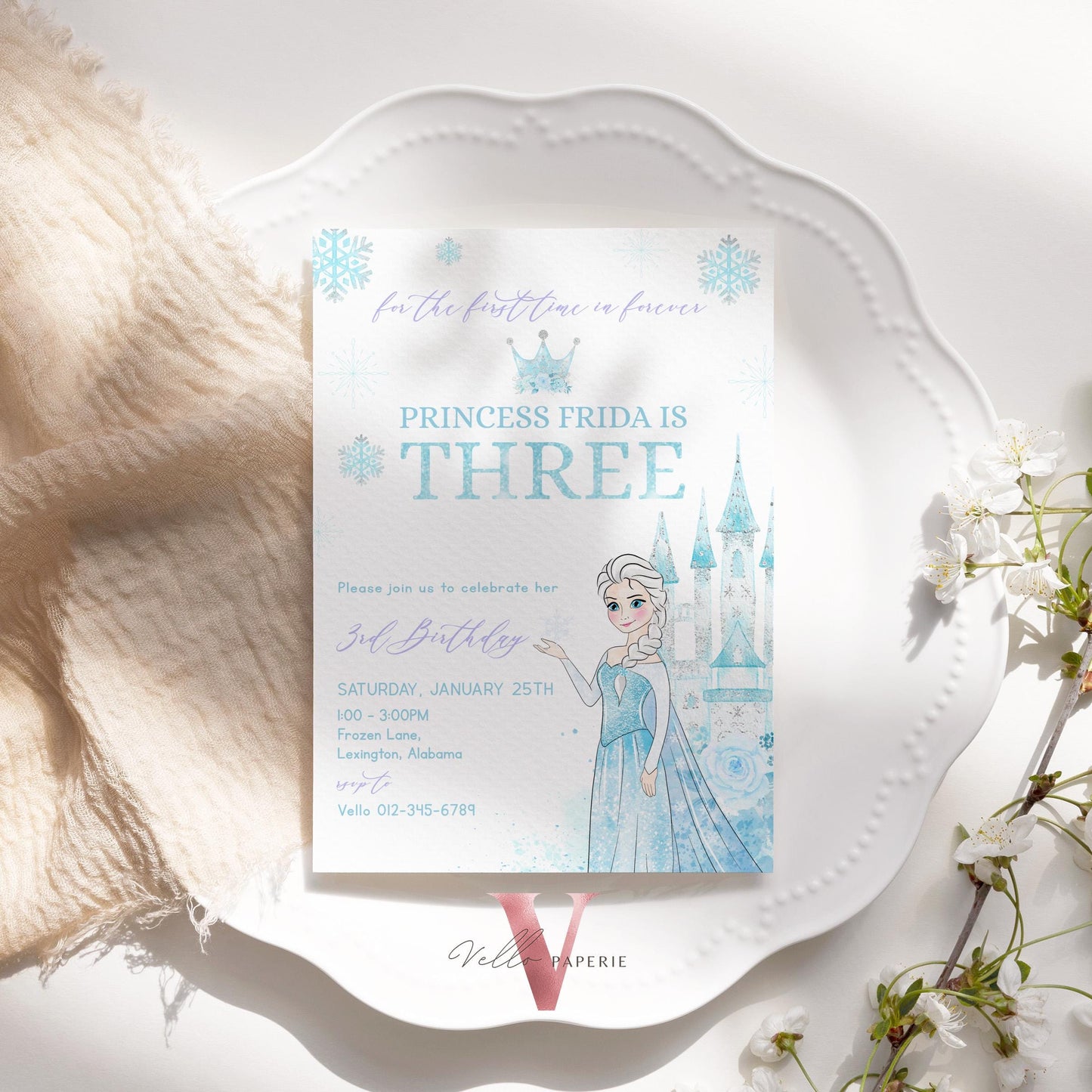Editable Third Birthday Frozen Theme Birthday Party Invitation | 3rd Birthday Watercolor Princess Frozen Invite | Winter Snow Princess