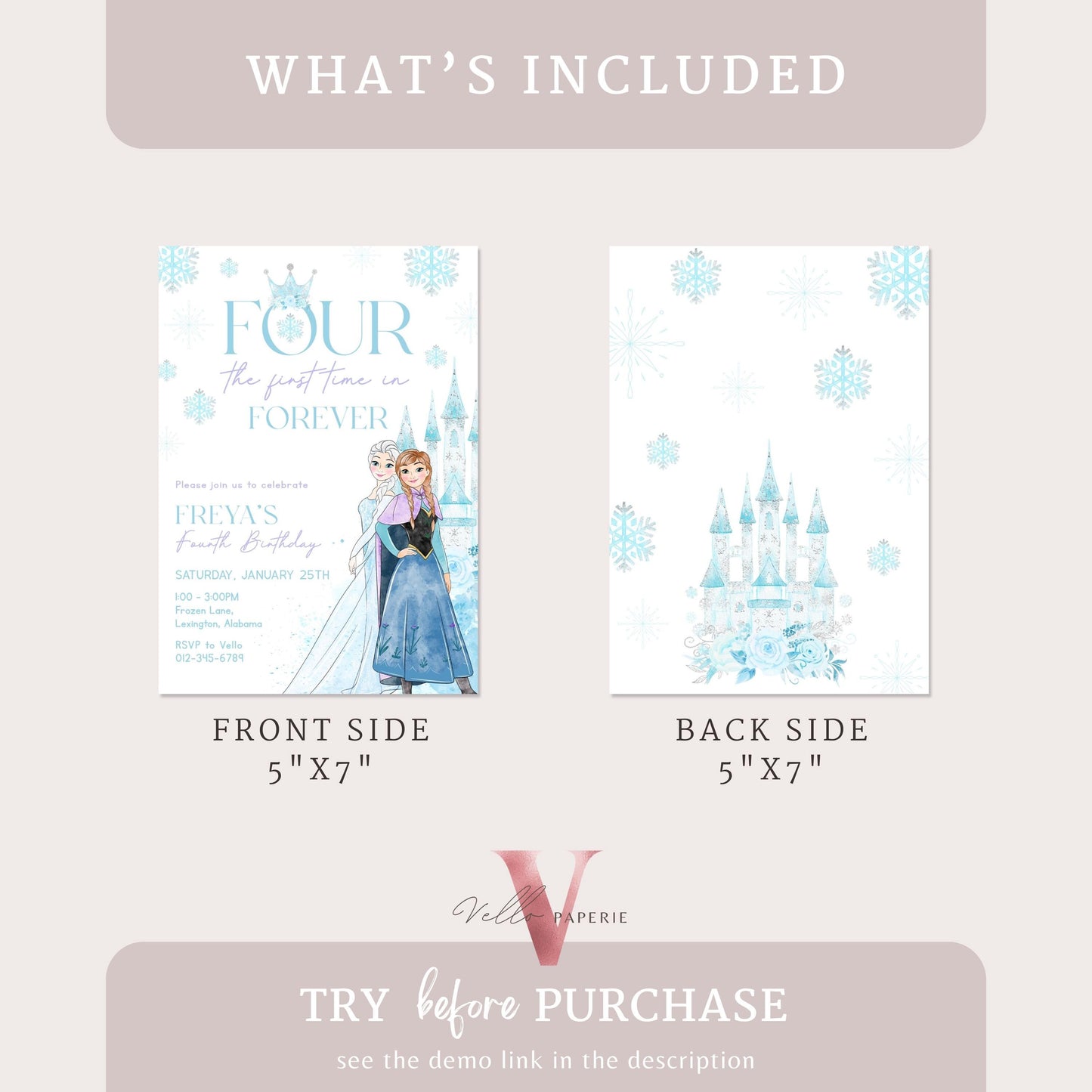 Editable 4TH Birthday Frozen Theme Birthday Party Invitation | Fourth Birthday Watercolor Princess Anna Elsa Invite | Winter Snow Princess
