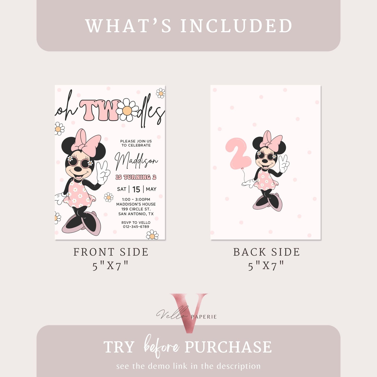 Oh TWOdles Groovy Minnie Mouse Birthday Invitation | Light Peach White Polkadot Invite 2 Years Old Girl | Minnie Groovy Second Birthday
