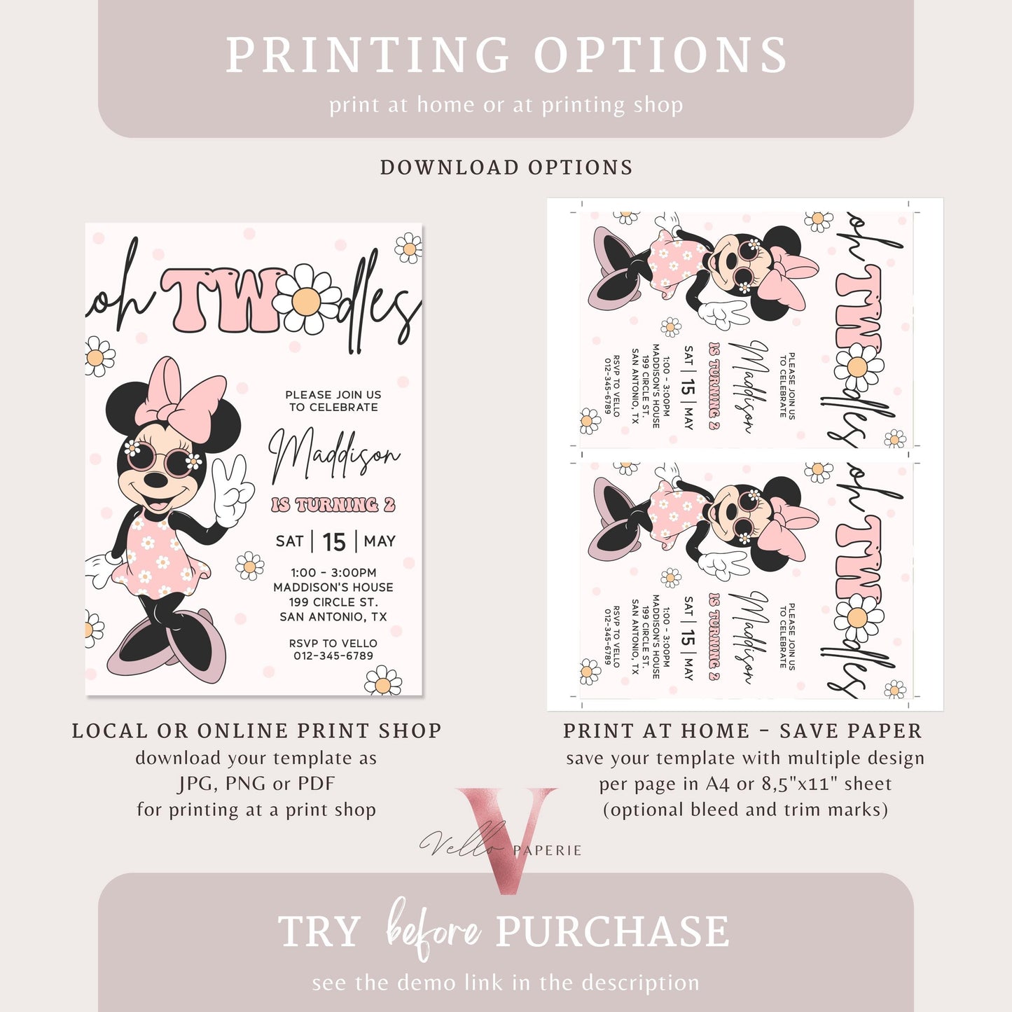 Oh TWOdles Groovy Minnie Mouse Birthday Invitation | Light Peach White Polkadot Invite 2 Years Old Girl | Minnie Groovy Second Birthday