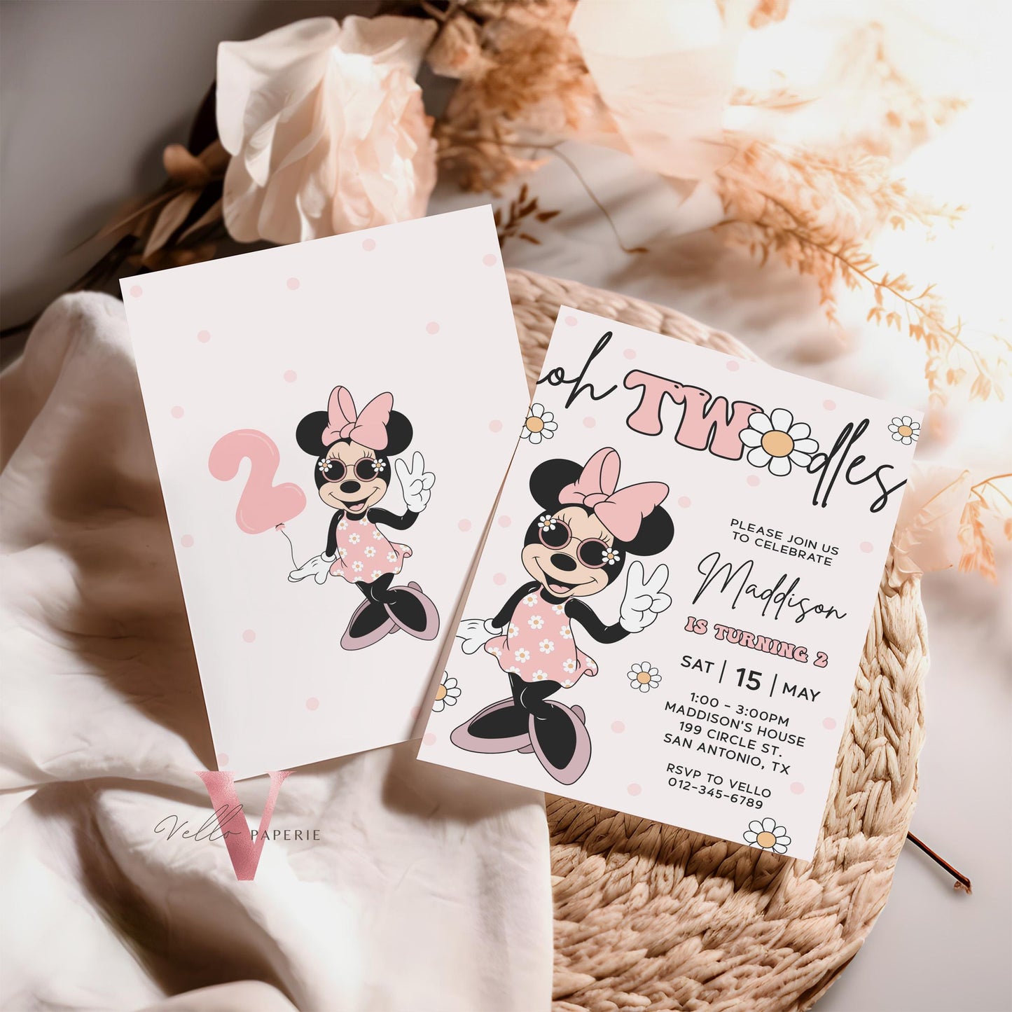Oh TWOdles Groovy Minnie Mouse Birthday Invitation | Light Peach White Polkadot Invite 2 Years Old Girl | Minnie Groovy Second Birthday
