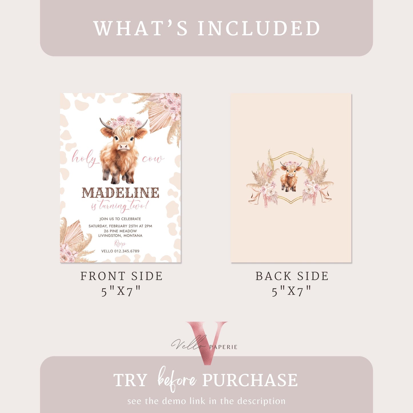 Editable HOLY Cow Birthday Invitation | Beige, Brown, Pink ANY AGE Cow Party Invite | Western Nashville Birthday Pink Pampas Brown
