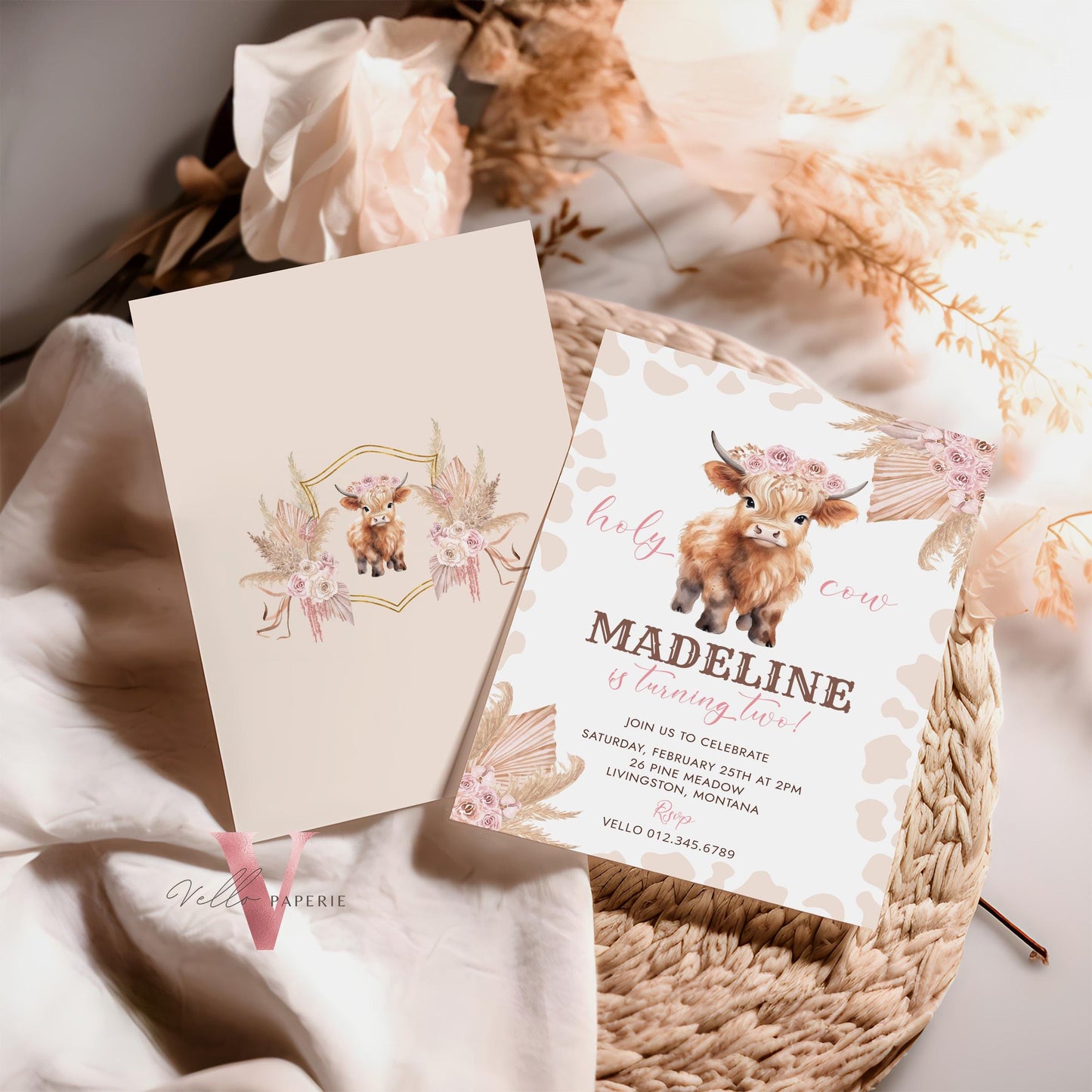 Editable HOLY Cow Birthday Invitation | Beige, Brown, Pink ANY AGE Cow Party Invite | Western Nashville Birthday Pink Pampas Brown