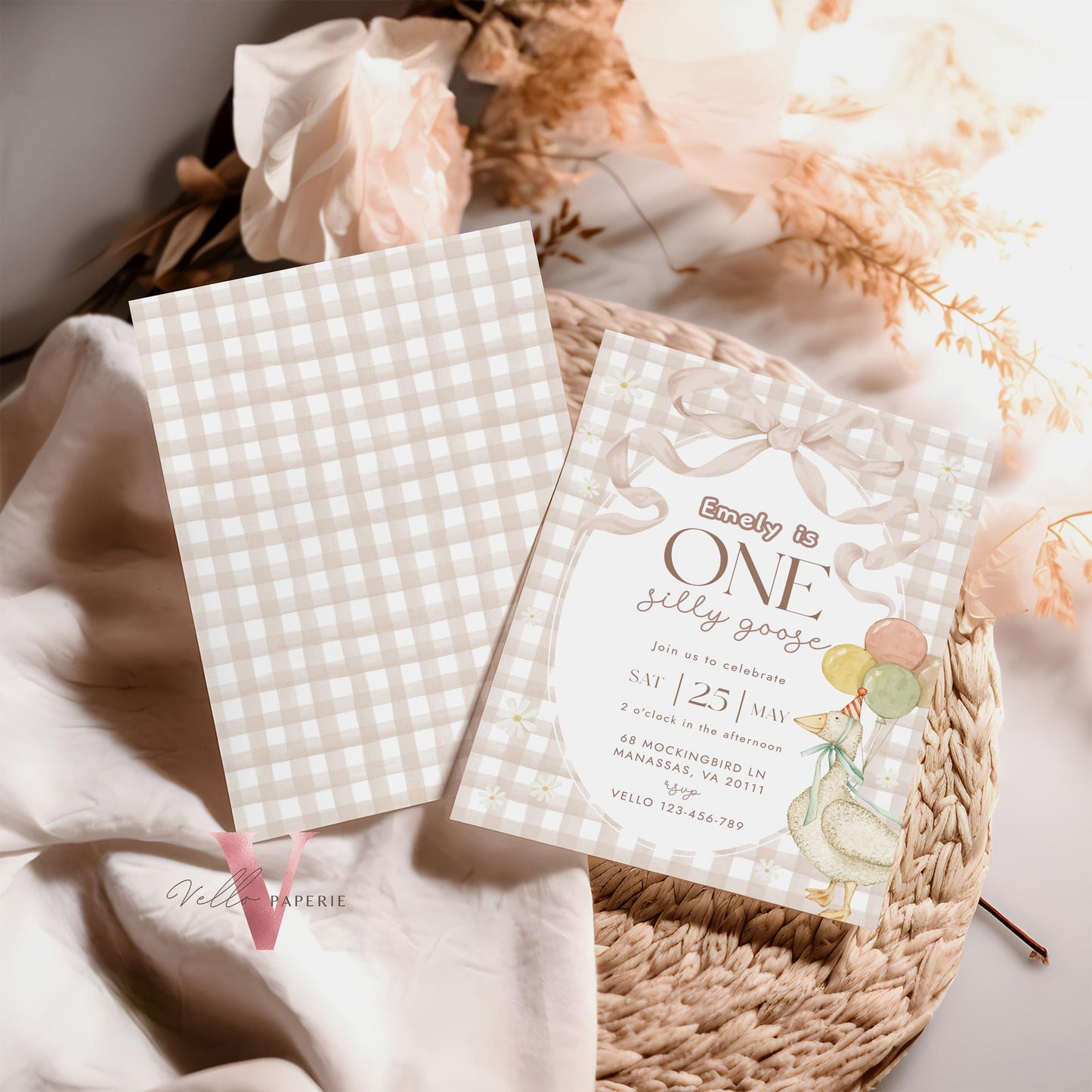 One Silly Goose Birthday Invitation | Editable Light Brown Gingham One Happy Goose First Birthday Party Invite | 1st Birthday Gender Neutral