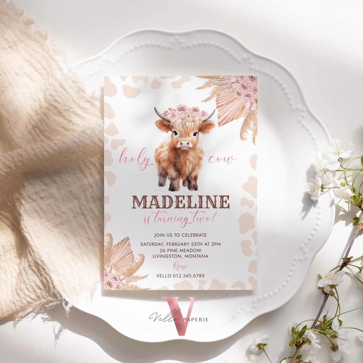 Editable HOLY Cow Birthday Invitation | Beige, Brown, Pink ANY AGE Cow Party Invite | Western Nashville Birthday Pink Pampas Brown