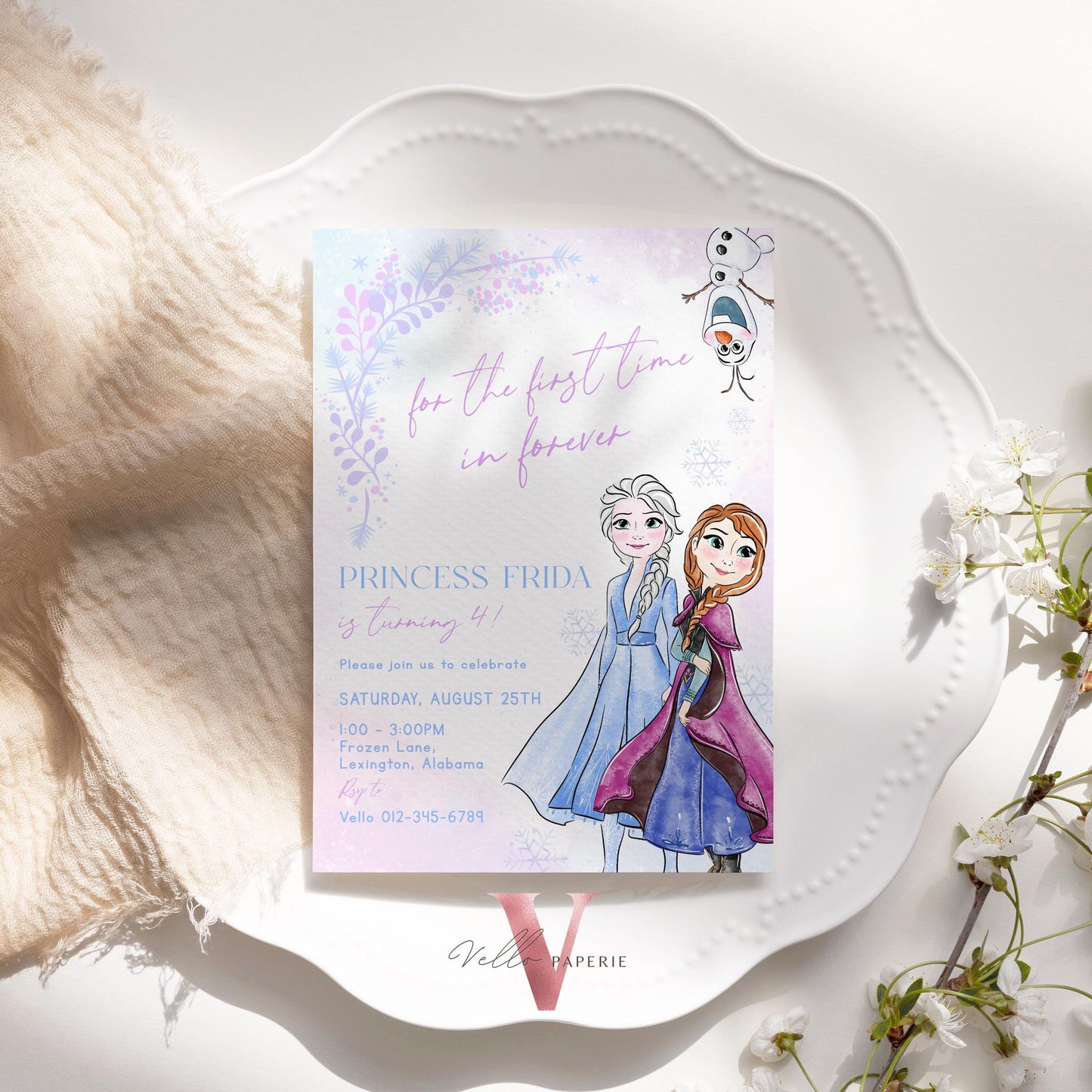 Purple Pink Ice Blue Frozen Birthday Party Invitation | Watercolor Princess Elsa Anna Olaf Birthday Invite | Winter Snow Ice Princess