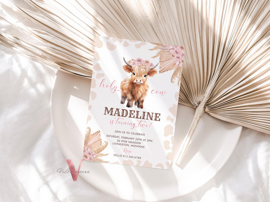 Editable HOLY Cow Birthday Invitation | Beige, Brown, Pink ANY AGE Cow Party Invite | Western Nashville Birthday Pink Pampas Brown