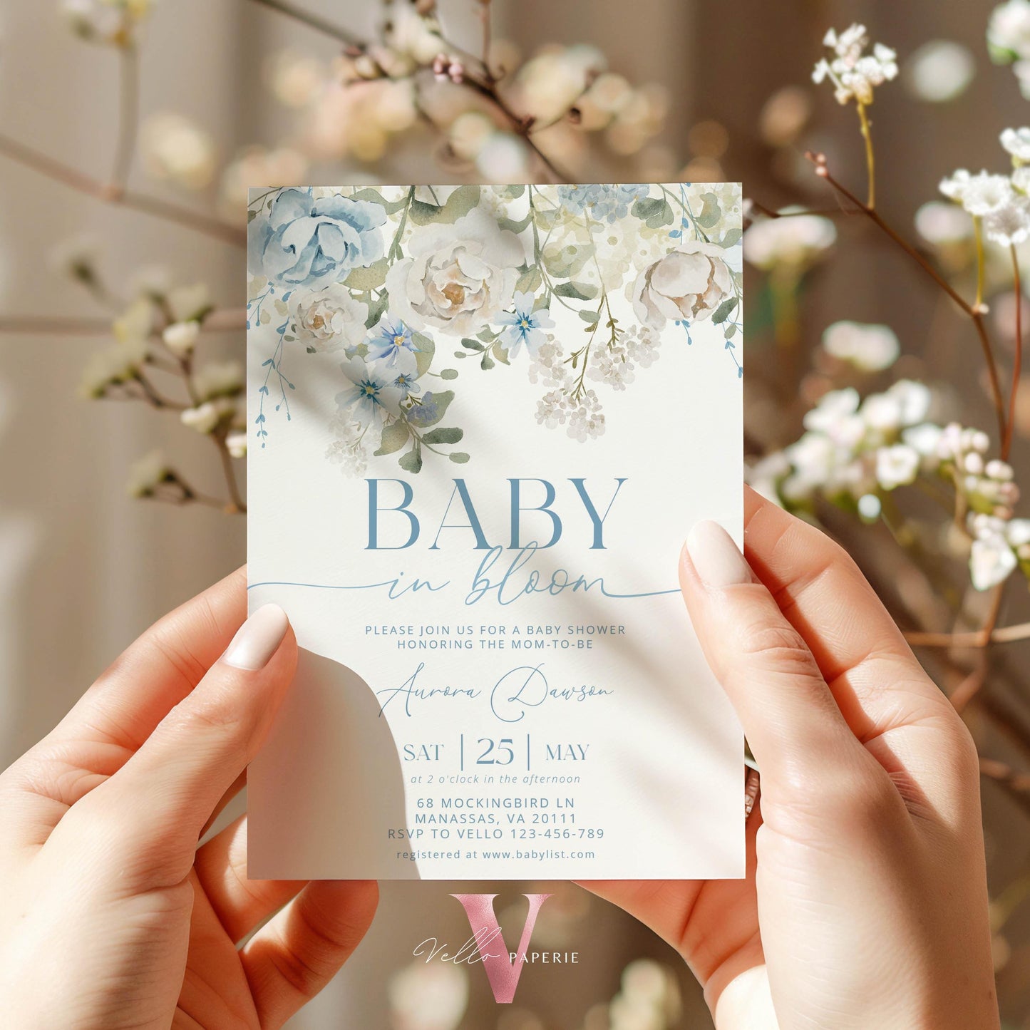 Editable Blue Baby in Bloom Invitation | Boy Wildflowers Baby Shower Invitation | Cream Blue Spring Flowers Invitation | Floral Baby Brunch