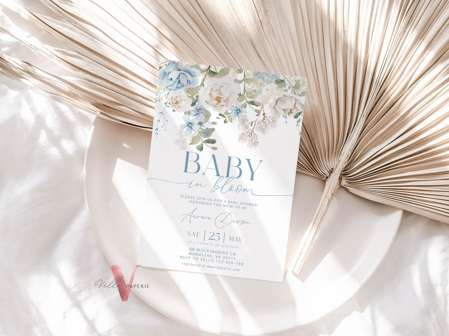 Editable Blue Baby in Bloom Invitation | Boy Wildflowers Baby Shower Invitation | Cream Blue Spring Flowers Invitation | Floral Baby Brunch