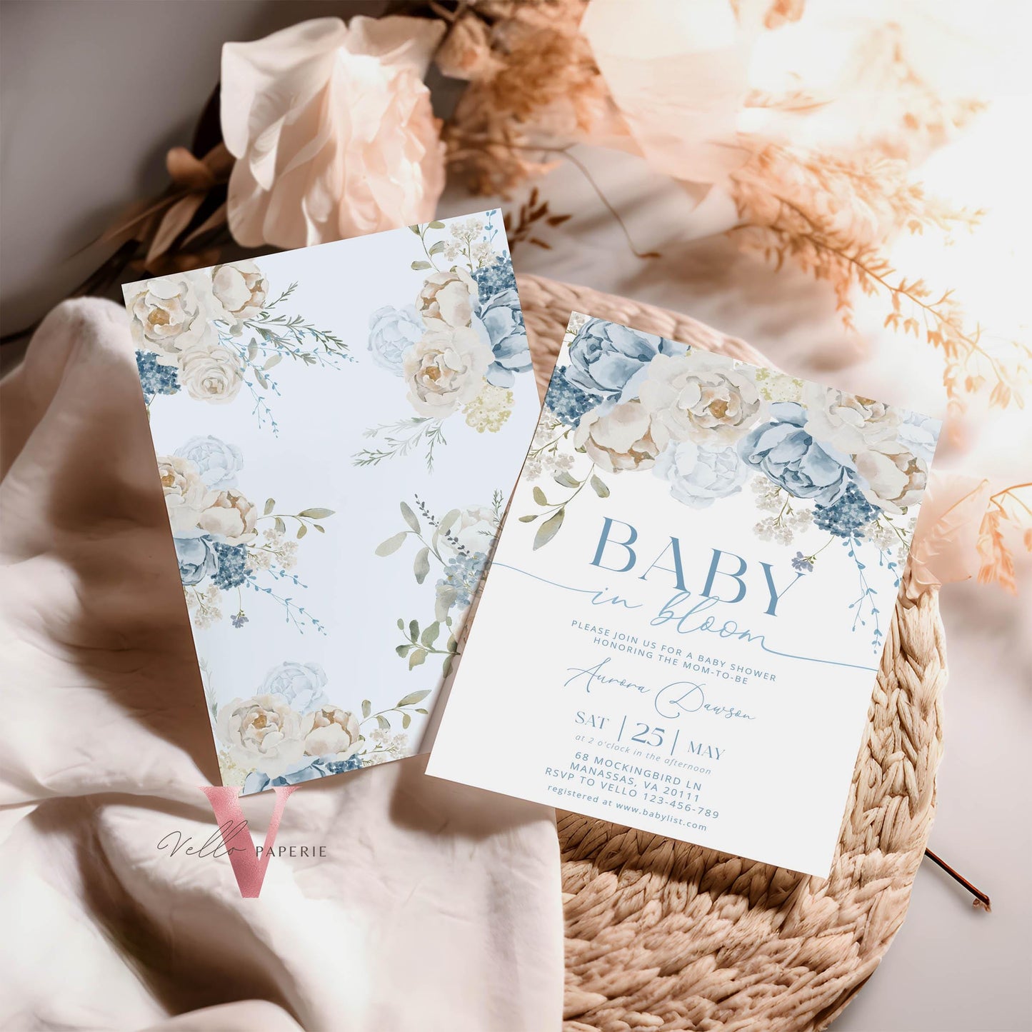 Editable Blue Baby in Bloom Invitation | Boy Wildflowers Baby Shower Invitation | Cream Blue Spring Flowers Invitation | Floral Baby Brunch