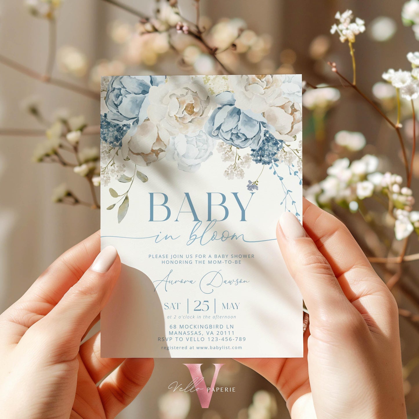 Editable Blue Baby in Bloom Invitation | Boy Wildflowers Baby Shower Invitation | Cream Blue Spring Flowers Invitation | Floral Baby Brunch
