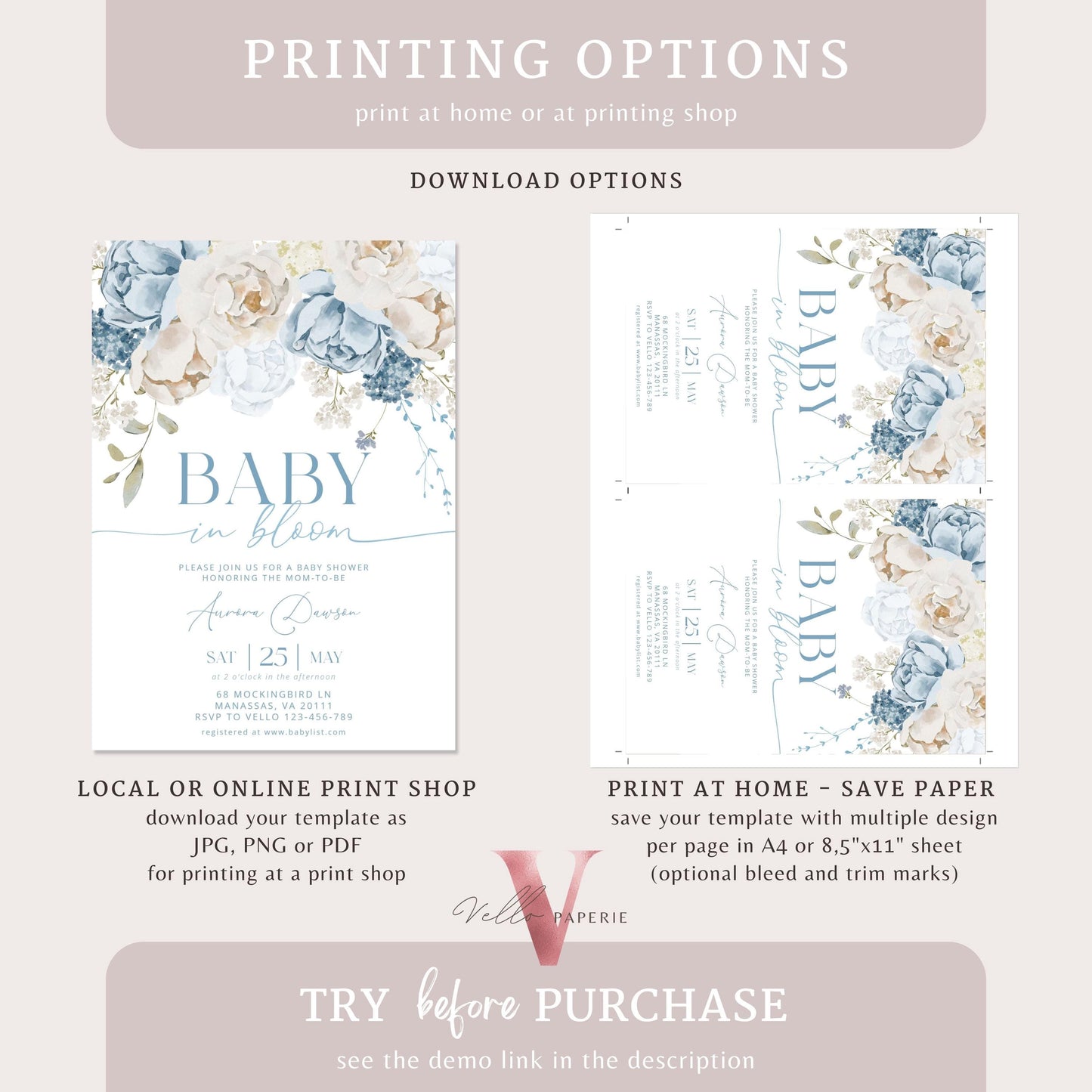 Editable Blue Baby in Bloom Invitation | Boy Wildflowers Baby Shower Invitation | Cream Blue Spring Flowers Invitation | Floral Baby Brunch