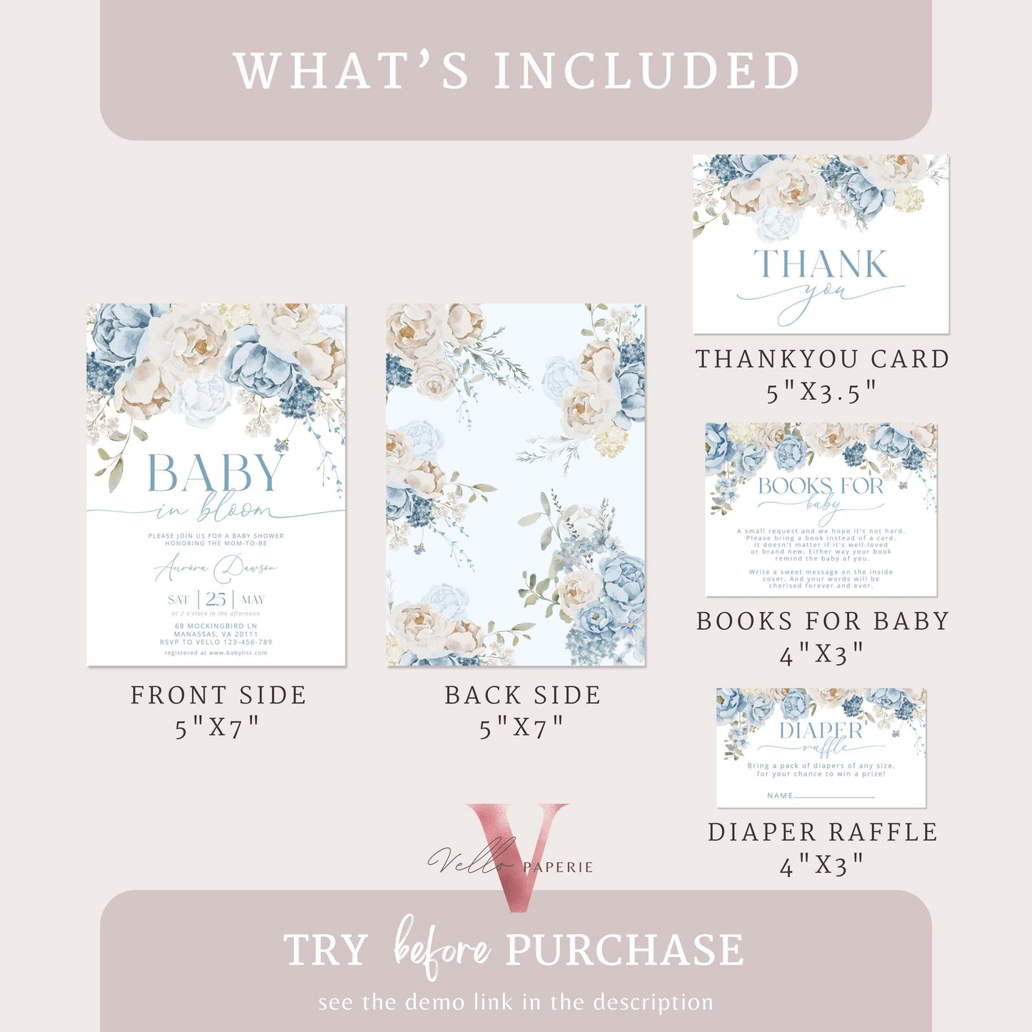 Editable Blue Baby in Bloom Invitation | Boy Wildflowers Baby Shower Invitation | Cream Blue Spring Flowers Invitation | Floral Baby Brunch