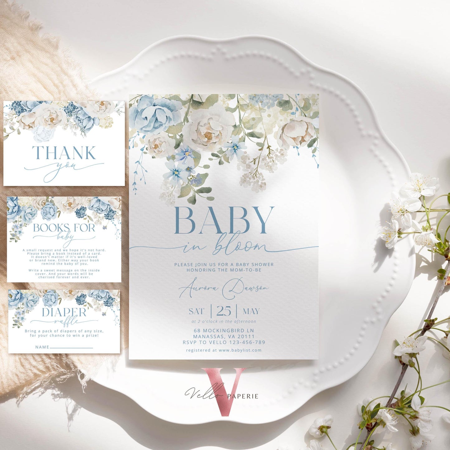 Editable Blue Baby in Bloom Invitation | Boy Wildflowers Baby Shower Invitation | Cream Blue Spring Flowers Invitation | Floral Baby Brunch
