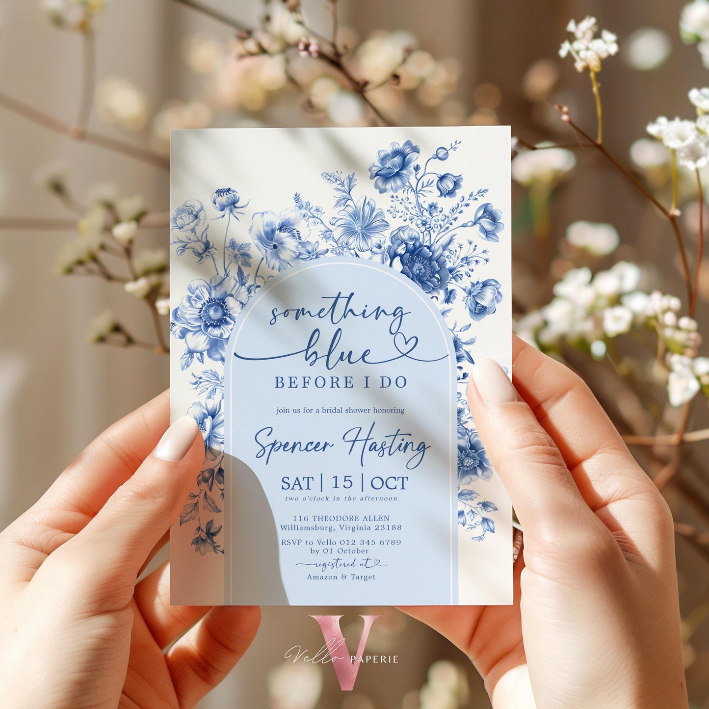 Something Blue before I DO Bridal Shower Party Invitation | Blue Toile de Juoy Flower Invite | Arch Vintage Blue Botanical BridetoBe Instant