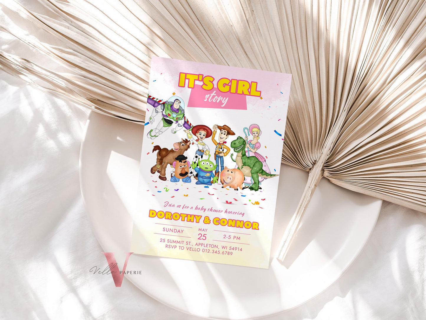 It's a Girl Story Baby Shower Invitation | Watercolor Toy Story Girl Theme Colorful Baby Party Invite | Pink Gender Reveal It's a Girl