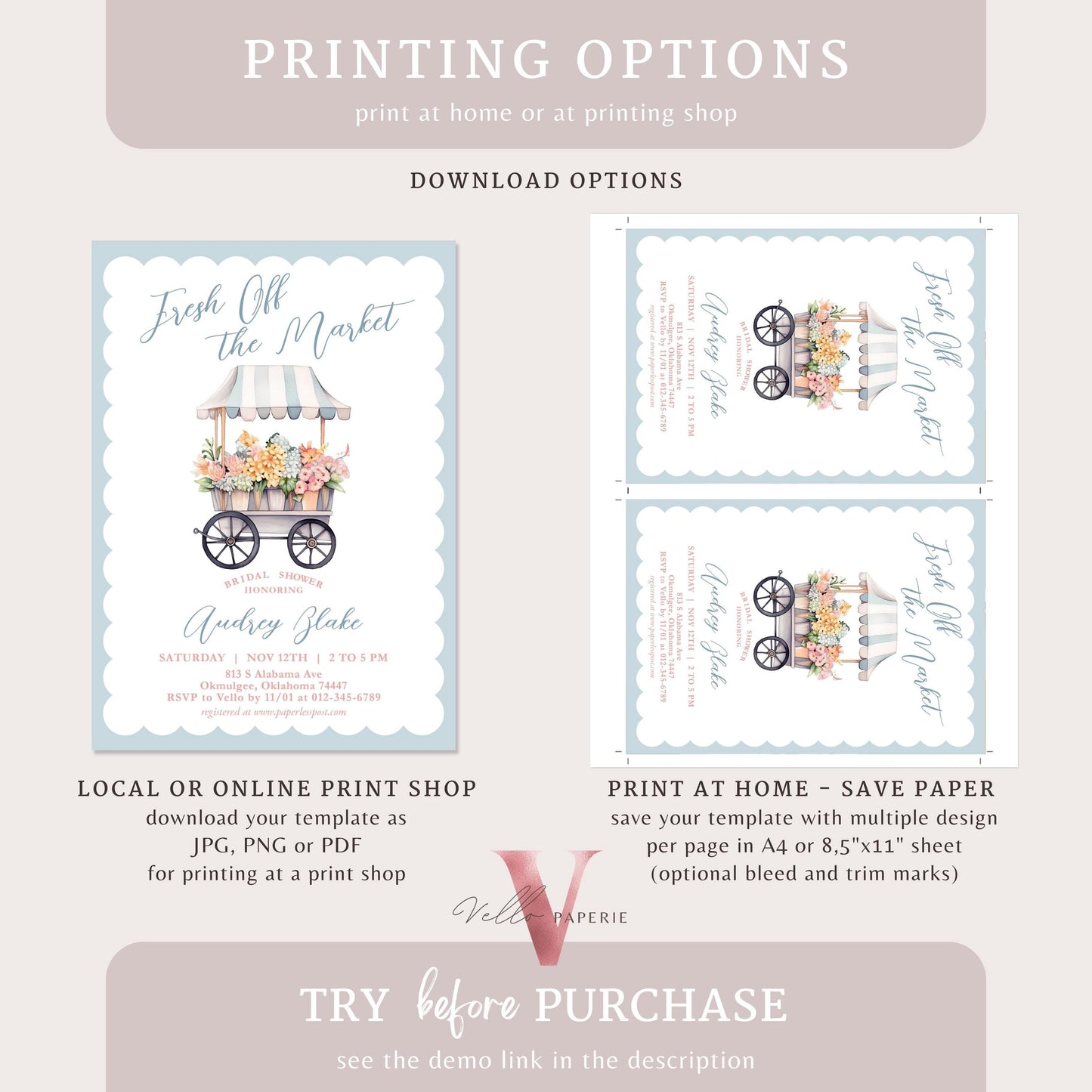 Dusty Blue Off the Market Bridal Shower Party Invitation | She's off the Market Invite | Flower Stall, Blue Florist Cart Watercolor Instant
