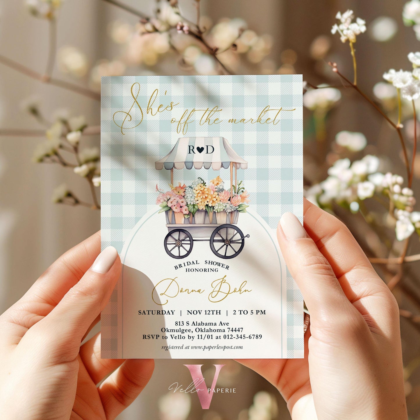 Dusty Blue Off the Market Bridal Shower Party Invitation | She's off the Market Invite | Flower Stall, Blue Florist Cart Watercolor Instant