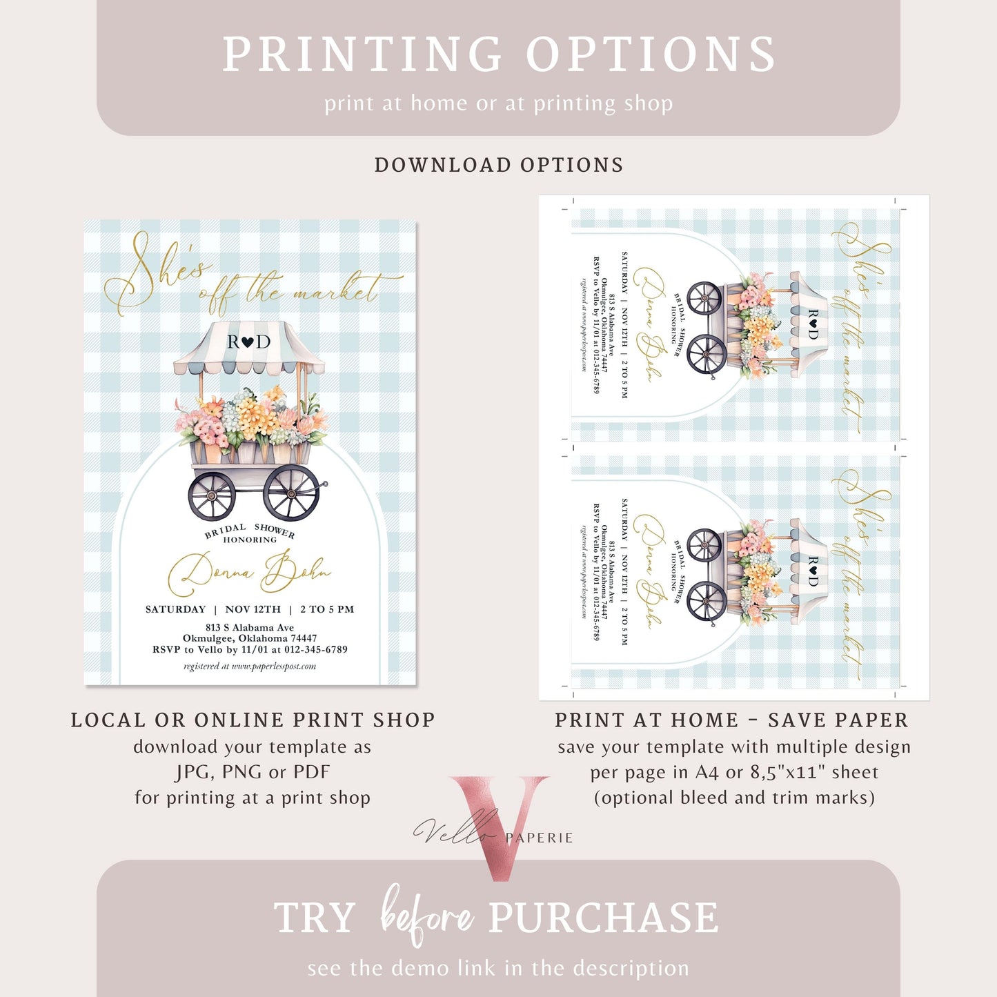Dusty Blue Off the Market Bridal Shower Party Invitation | She's off the Market Invite | Flower Stall, Blue Florist Cart Watercolor Instant