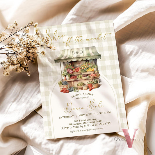 Fresh Off the Market Gingham Bridal Shower Party Invitation | Farmers Market Bridal Shower Invite | Flower Fruit Store Watercolor Gingham