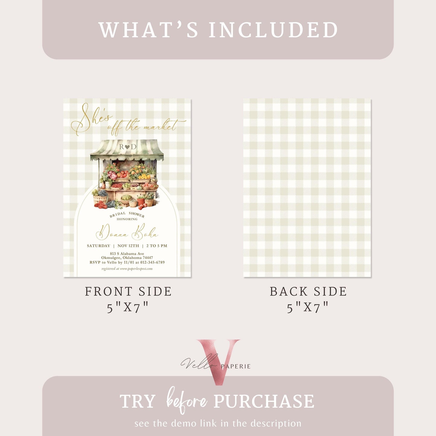 Fresh Off the Market Gingham Bridal Shower Party Invitation | Farmers Market Bridal Shower Invite | Flower Fruit Store Watercolor Gingham