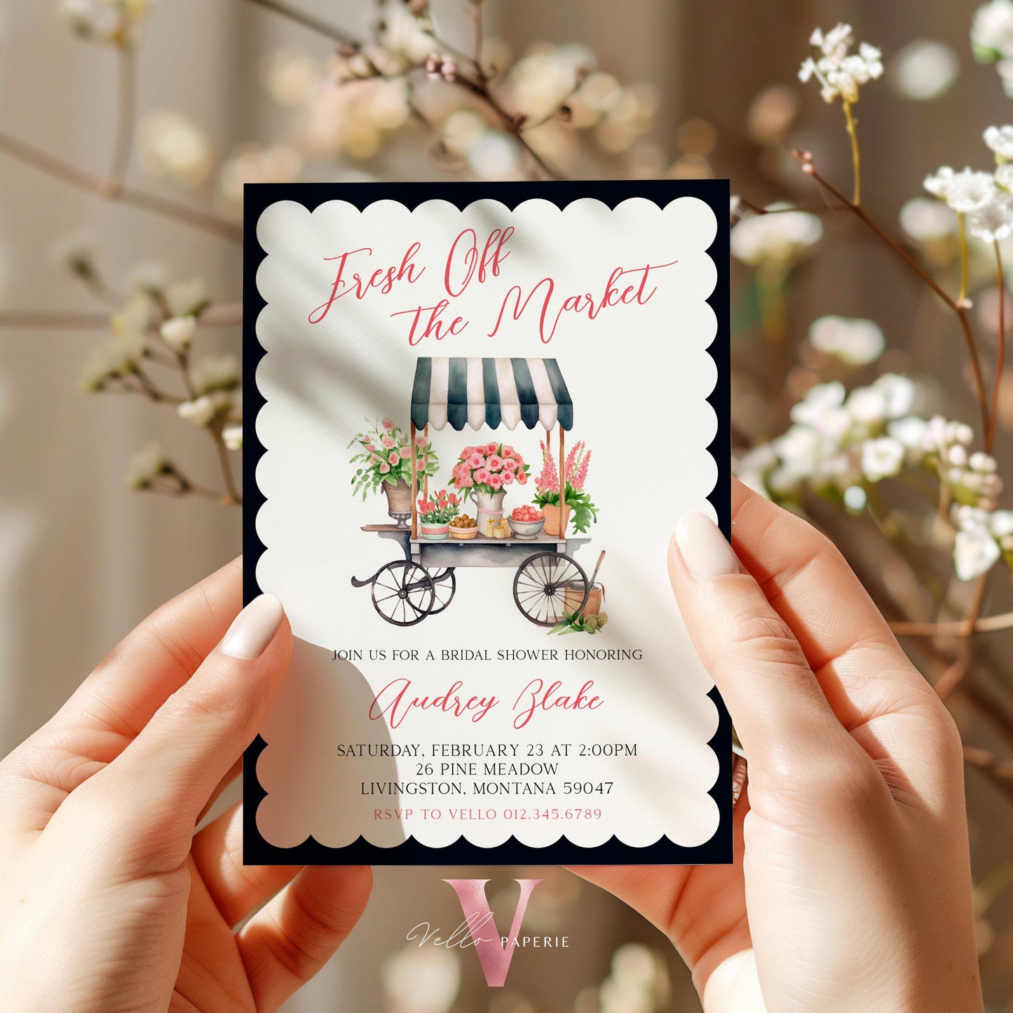 Dusty Blue Off the Market Bridal Shower Party Invitation | She's off the Market Invite | Flower Stall, Blue Florist Cart Watercolor Instant
