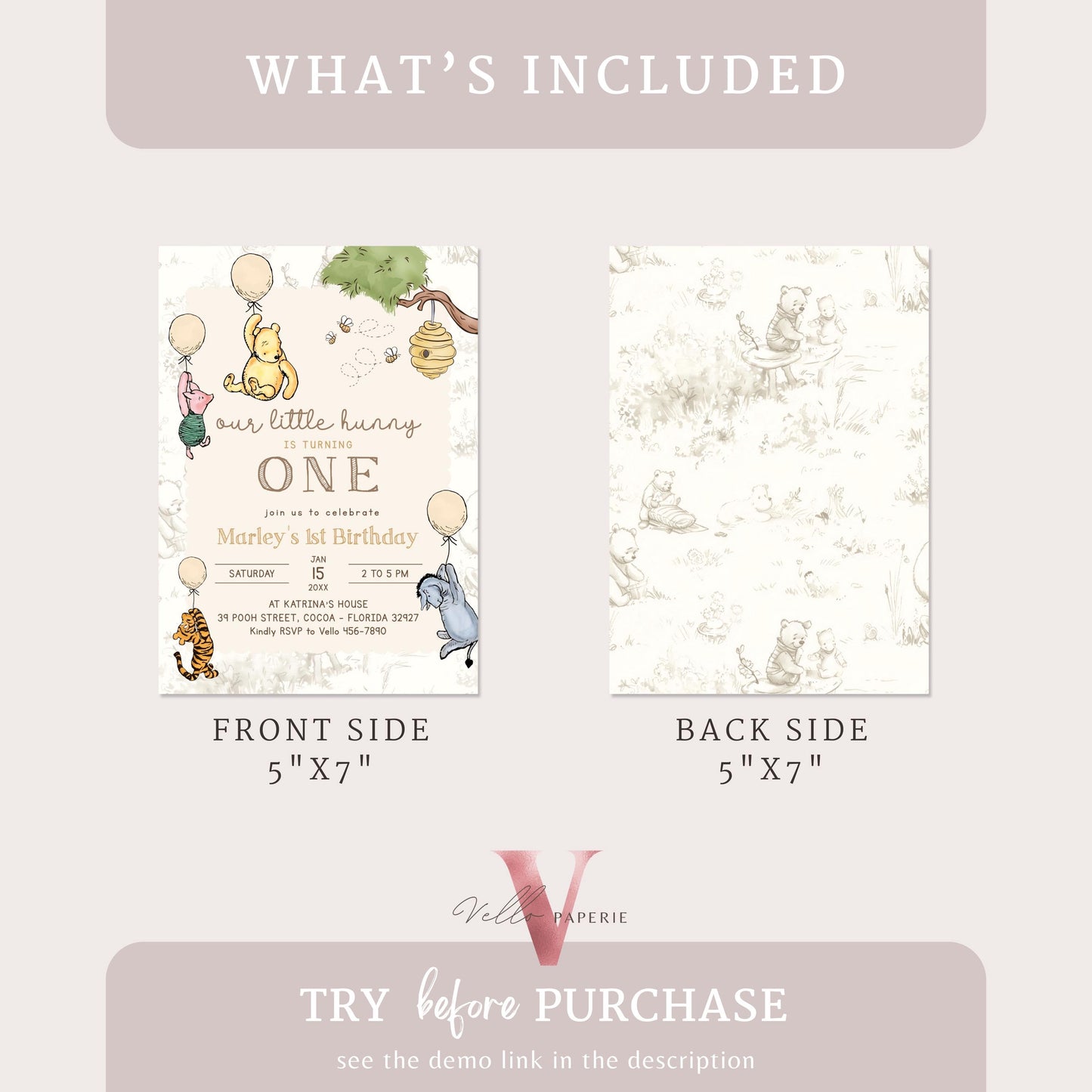 Classic Winnie the Pooh First Birthday Invitation | Editable Winnie The Pooh 1st Birthday Party Invite | Beige Balloon Pooh Toile de Juoy