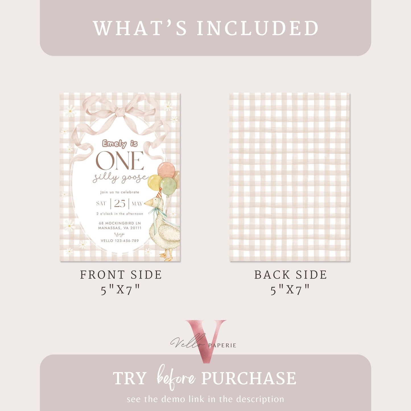 One Silly Goose Birthday Invitation | Editable Light Brown Gingham One Happy Goose First Birthday Party Invite | 1st Birthday Gender Neutral