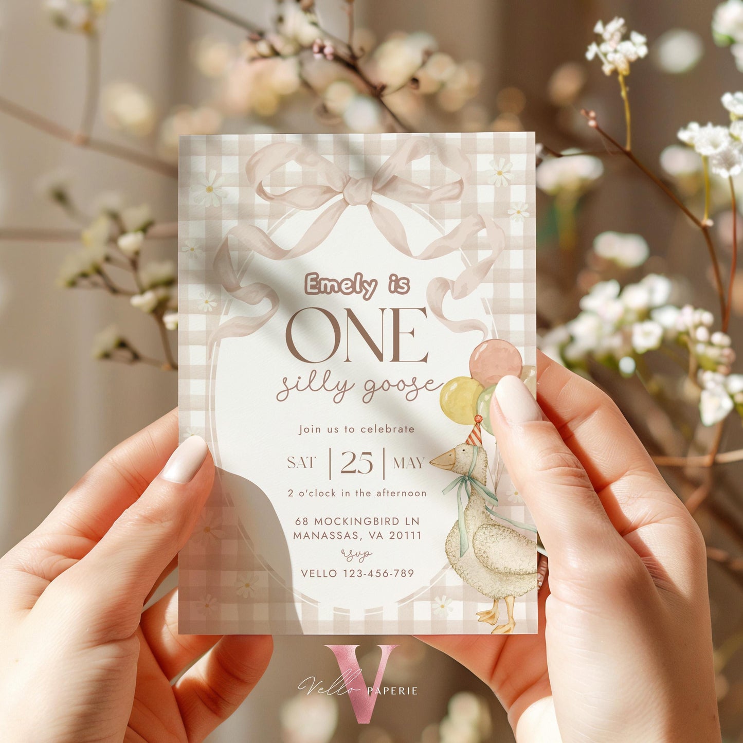 One Silly Goose Birthday Invitation | Editable Light Brown Gingham One Happy Goose First Birthday Party Invite | 1st Birthday Gender Neutral