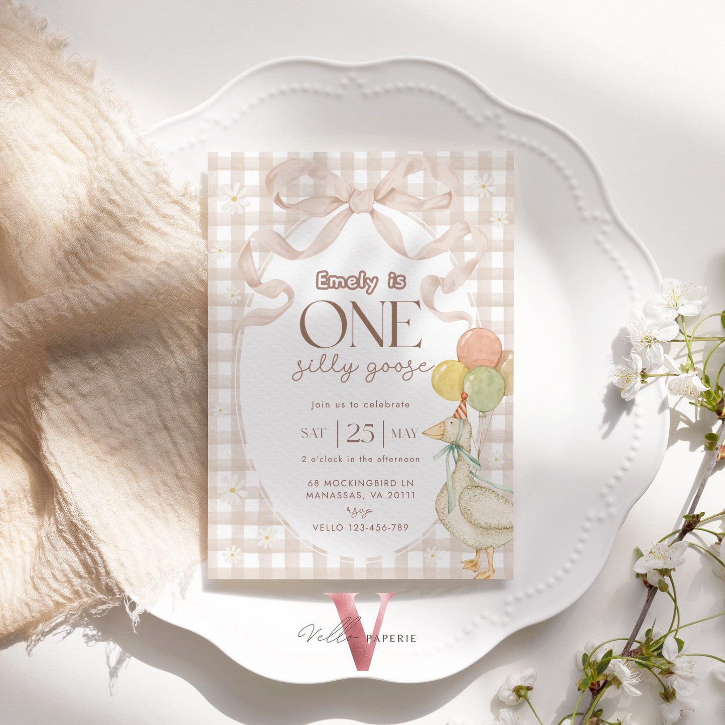 One Silly Goose Birthday Invitation | Editable Light Brown Gingham One Happy Goose First Birthday Party Invite | 1st Birthday Gender Neutral