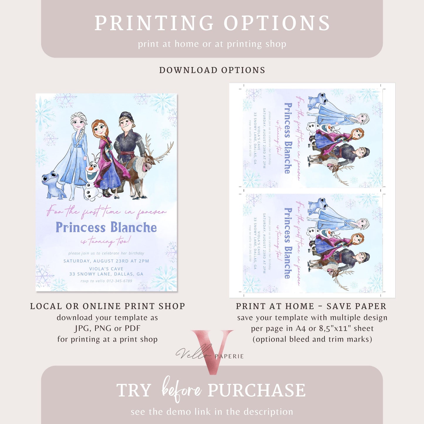 Princess Frozen Birthday Party Invitation | Watercolor Princess Elsa Anna Olaf & Friends Birthday Invite | ANY AGE Winter Snow Ice Princess