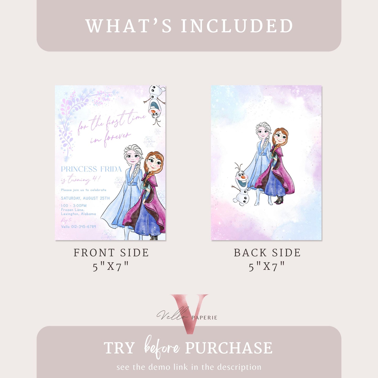 Purple Pink Ice Blue Frozen Birthday Party Invitation | Watercolor Princess Elsa Anna Olaf Birthday Invite | Winter Snow Ice Princess